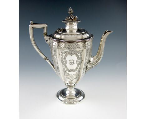 λA Victorian silver coffee pot, by Martin, Hall and Company, London 1874, tapering shaped circular form, engraved decoration,
