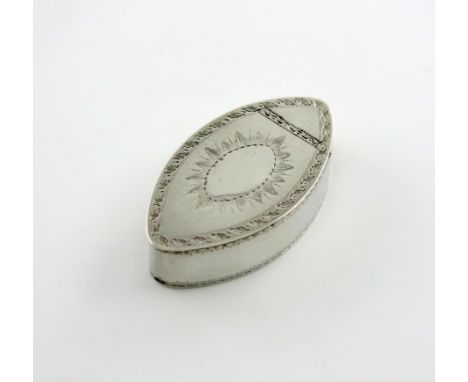 A George III silver snuff box, by Phipps and Robinson, London 1784, oval navette form, flush-hinged cover, bright-cut engrave