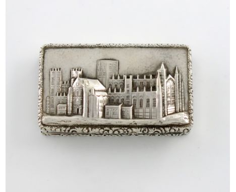 A Victorian silver 'castle-top' snuff box, York Minster, by Nathaniel Mills, Birmingham 1840, rectangular form, the hinged co