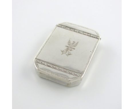 A George I silver snuff box, by Joseph Simcoe, London 1716, rectangular form, canted corners, flush hinged cover, engraved bo