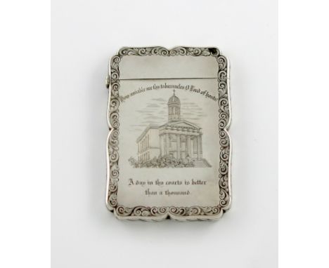 A Victorian silver engraved 'castle-top' card case, St. George's Church, Brandon Hill, Bristol, by Nathaniel Mills, Birmingha