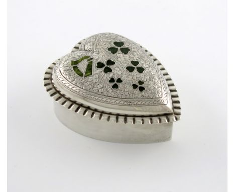 An Edwardian silver dressing table box,  by Joseph Cook and Son, Birmingham 1901,  heart form, crimped border, the hinged cov