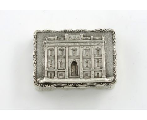 A rare Victorian silver 'castle-top' snuff box, Old Colchester Town Hall, by Nathaniel Mills, Birmingham 1844, rectangular fo