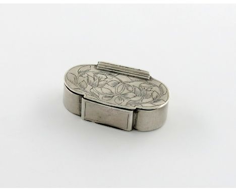 A James II silver squeeze-action spice / snuff box, maker's mark R.B, London 1685, shaped oblong form, the cover with engrave