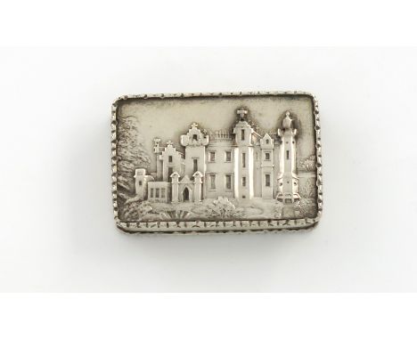 A Victorian silver 'castle-top' vinaigrette, Abbotsford House, by Nathaniel Mills, Birmingham 1838, rectangular form, the hin