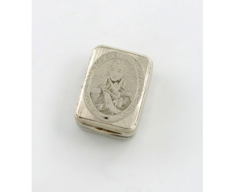 A George III commemorative silver vinaigrette, by Matthew Linwood, Birmingham 1805, rectangular form, the hinged cover engrav