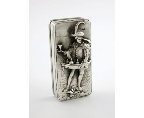 A George IV silver raised relief Pedlar snuff box, by John Linnit, London 1823, rectangular form, the hinged cover with a sce