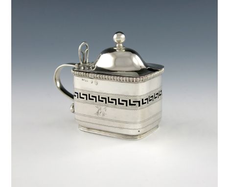 A George III silver mustard pot, by John Watson, Sheffield 1806, rectangular form, pierced and engraved with a Greek key gird