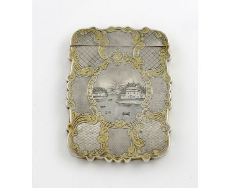 A Victorian parcel-gilt silver engraved 'castle-top' card case, buildings by a lake, by Taylor and Perry, Birmingham 1847, re