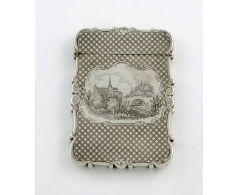 A Victorian silver engraved 'castle-top' card case, Glasgow Cathedral, by Nathaniel Mills, Birmingham 1842, rectangular form,