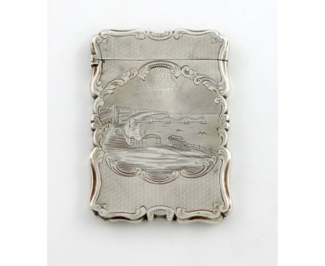 A Victorian silver engraved 'castle-top' card case, Brighton Old Chain Pier, by Nathaniel Mills, Birmingham 1851, rectangular