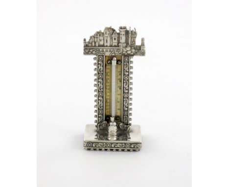 λA rare William IV silver 'castle-top' thermometer, by Joseph Willmore, Birmingham 1836, upright rectangular form, mounted wi