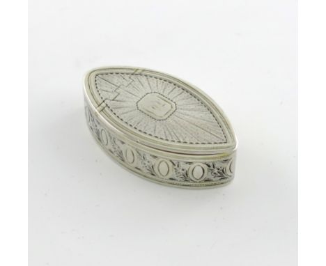 A George III Irish silver snuff box, by James Keating, Dublin 1795, oval navette form, bright-cut radiating decoration, the s