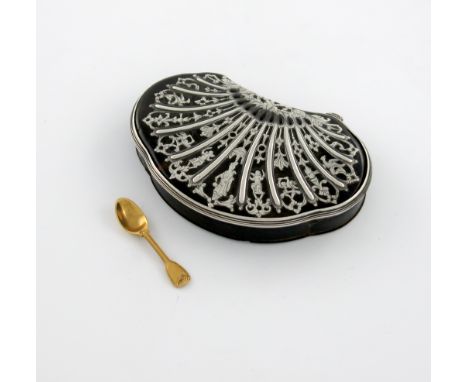 λAn 18th century silver-mounted tortoiseshell snuff box, unmarked, circa 1740, cartouche form, the hinged cover with ribbed d