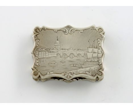 A Victorian silver engraved vinaigrette, Old Black Friar's Bridge, by Nathaniel Mills, Birmingham 1846, rectangular form, the