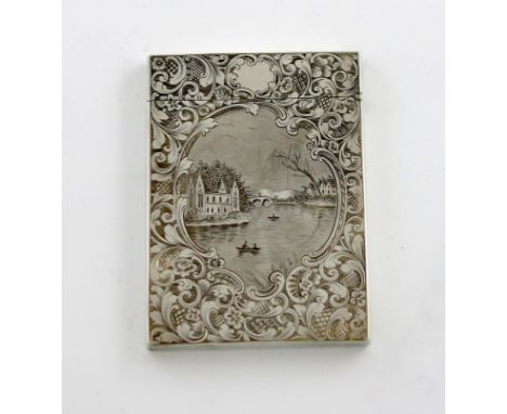 A Victorian silver engraved 'castle-top' card case, an abbey by a lake, by Cronin and Wheeler, Birmingham 1846, rectangular f