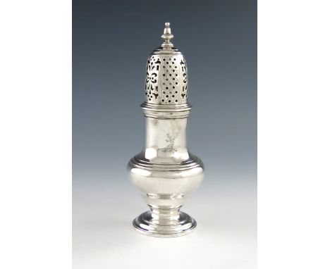 A George II silver sugar caster, by Samuel Wood, London 1751, baluster form, the pull-off pierced cover with an acorn finial,