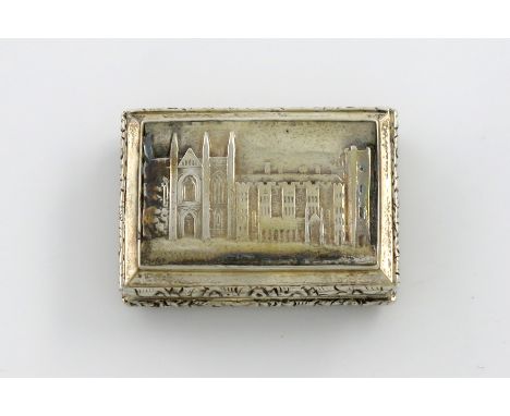 A Victorian silver 'castle-top' vinaigrette, Newstead Abbey, by Nathaniel Mills, Birmingham 1836, rectangular form, the hinge