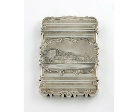 A Victorian silver engraved 'castle-top' card case, Chatsworth House, Derbyshire, by Nathaniel Mills, Birmingham 1848, rectan