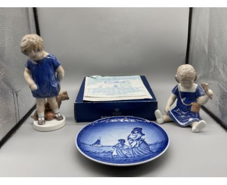 Boxed Royal Copenhagen - Father's Homecoming 1989 Plate, Royal Copenhagen - Boy with Teddy Bear, and Royal Copenhagen - Else 