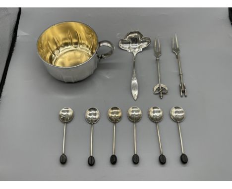 Assortment of HM Silver Items to include cup, Forks and spoons. Total weights 196gr. 