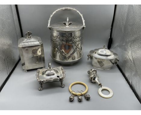 Assorted HM Silver Items to include Tea Caddy and Teething Rings, along with EPNS bucket and mustard pot. Total silver weight