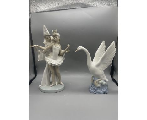 Lladro - Ballerina &amp; Pierrot (missing ballerinas mask), and NAO by Lladro - Swan - Ready To Fly (good condition, no damag