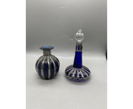 Vintage Sileda Blue Glass Scent Bottle / Small Vase with Sterling Silver Overlay, and Sileda Sterling Silver Overlay Perfume 