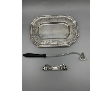 Assorted HM Silver Items to include Tray, Cigar Cutter and Tiffany &amp; Co. Candle Snuffer. Total weight 298gr.