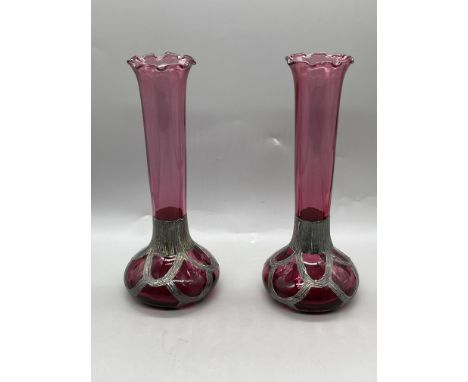 Pair of Vintage Sileda Sterling Silver Overlay Cranberry Posy Vases