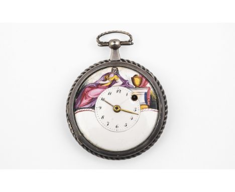 A CONTINENTAL OPEN FACED POCKET WATCH  the white enamel dial depicting a scene of a lady seated by an urn, with black Arabic 