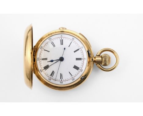 AN 18CT GOLD QUARTER REPEATING FULL HUNTING CASED POCKET WATCH the white enamel dial with black Roman numerals, hallmarked fo