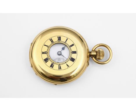 AN 18CT GOLD HALF HUNTING CASED POCKET WATCH the white enamel dial with black Roman numerals and subsidiary seconds dial, the