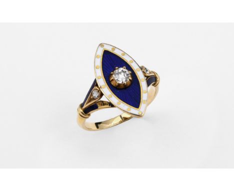 A DIAMOND AND ENAMEL NAVETTE-SHAPED RING the blue guilloche enamel centred with an old-cut diamond within a surround of white