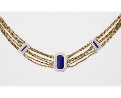 AN ENAMEL AND GOLD NECKLACE the six row chain necklace mounted with three enamel plaques, each centred with blue guilloche en
