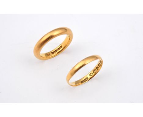 A 22CT GOLD WEDDING BAND 6.3 grams, size H 1/2, together with another 22ct gold wedding band, 1.3 grams, size M
