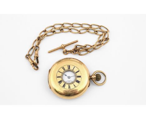 AN 18CT GOLD HALF HUNTING CASED POCKET WATCH the white enamel dial signed Burchett, 69 Cheapside, with black Roman numerals a
