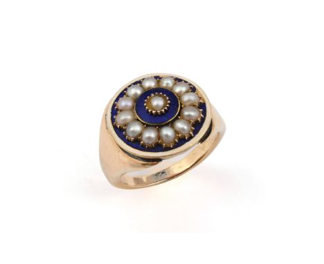 A VICTORIAN ENAMEL, PEARL AND GOLD RING mounted with a cluster of half pearls in royal blue guilloche enamel surround, gold m