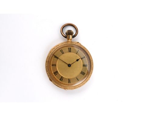 AN 18CT GOLD OPEN FACED POCKET WATCH the gold coloured dial with engine turned decoration and with black Roman numerals, with