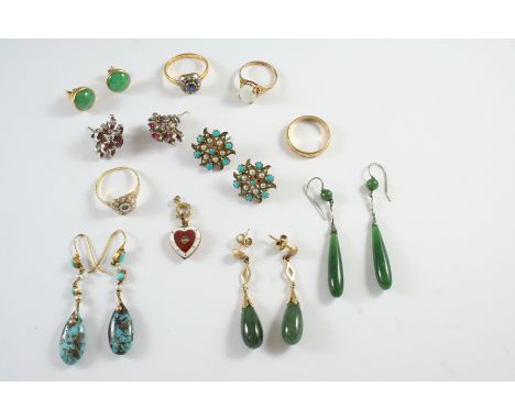 A QUANTITY OF JEWELLERY including a pair of ruby and diamond earrings, a pair of turquoise and pearl flowerhead earrings, a w