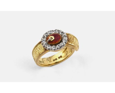 A DIAMOND, ENAMEL AND GOLD BUCKLE RING the red enamel centre set within a surround of single-cut diamonds, in 18ct gold, 7.6 