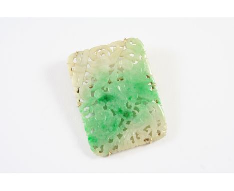 A PIERCED AND CARVED JADE BROOCH of rectangular shape, mounted in 18ct gold, 5 x 3.8cm