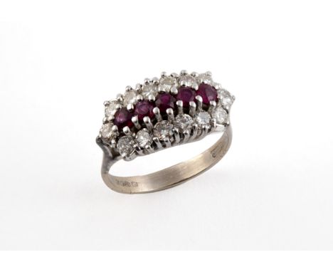 A RUBY AND DIAMOND CLUSTER RING the five circular-cut rubies are set within a surround of circular-cut diamonds in 18ct white