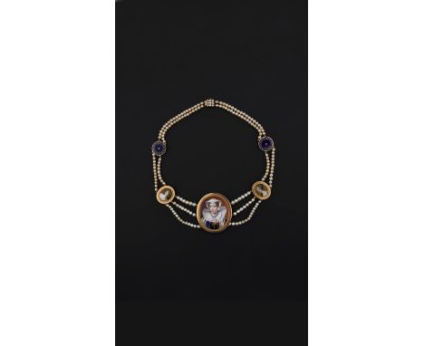 A 19TH CENTURY JACOBIAN REVIVAL PEARL AND PORTRAIT MINIATURE NECKLACE the pearl necklace mounted with two gold discs with ena