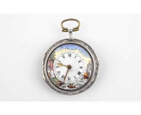 AN 18TH CENTURY SILVER PAIR CASED POCKET WATCH the dial with enamel decoration depicting a coastal scene, black Roman numeral