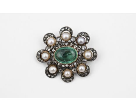 A VICTORIAN EMERALD, DIAMOND AND PEARL BROOCH the oval-shaped cabochon emerald is set within a surround of rose-cut diamonds 