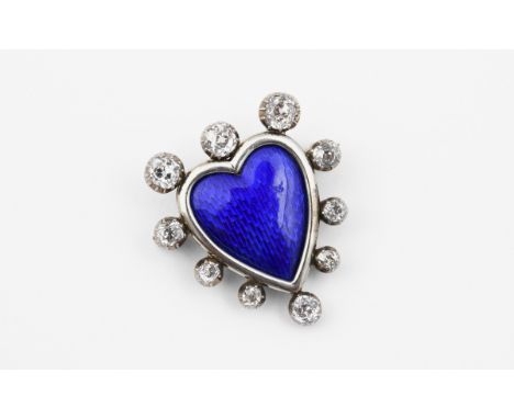 AN ENAMEL AND DIAMOND HEART-SHAPED BROOCH the royal blue guilloche enamel heart is set within a surround of graduated circula