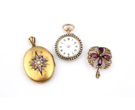 A VICTORIAN GOLD, ENAMEL AND PEARL SET LOCKET PENDANT 4cm long, together with a lady's pearl and gold open faced pocket watch