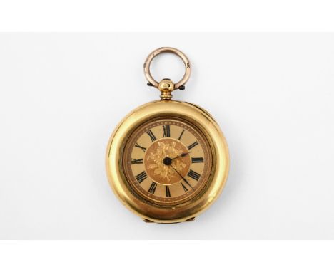 AN 18CT GOLD OPEN FACED POCKET WATCH the gold foliate dial with black Roman numerals, numbered 90037 to the inner case, maker