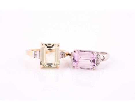 Two kunzite and diamond ringsThe first cut-cornered step-cut pink kunzite within a four-claw setting, between brilliant-cut d